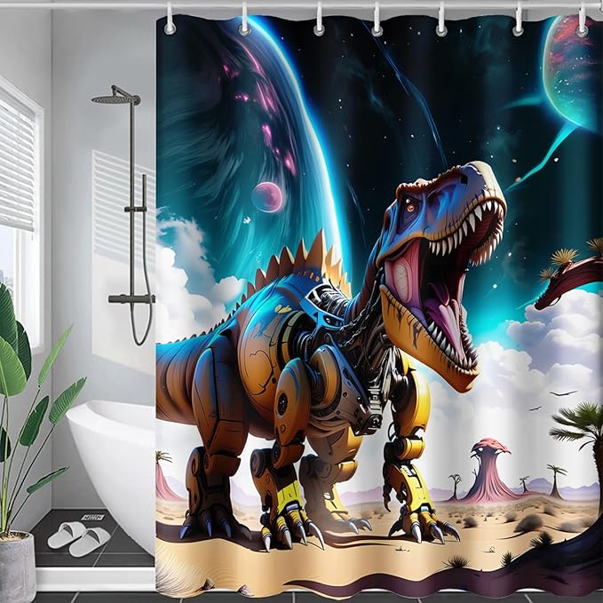 AILONEN Dinosaur Shower Curtain for Kids Boys Teens.Sky Blue Planet Dinosaur Bath Curtain for Bathroom,Machine Dinosaur Curtain Modern Polyester with 12 Plastic Hooks 48" W*72" H
