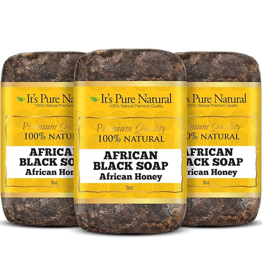 It's Pure Natural African Black Soap Bars with African Honey (Pack of 3) Organic Raw Soap for Face & Body, Acne Treatment & Dark Spot Remover [Made in Ghana]