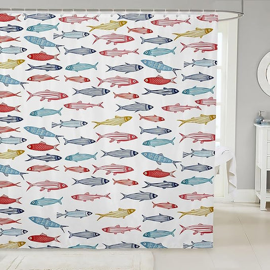 Feelyou Cartoon Fish Shower Curtain 72"x84" Kids Marine Life Sea Bathroom Shower Curtain Set for Boys Girls Teens Ocean Marine Themed Bath Curtain White Red Blue Yellow Bathroom Accessories