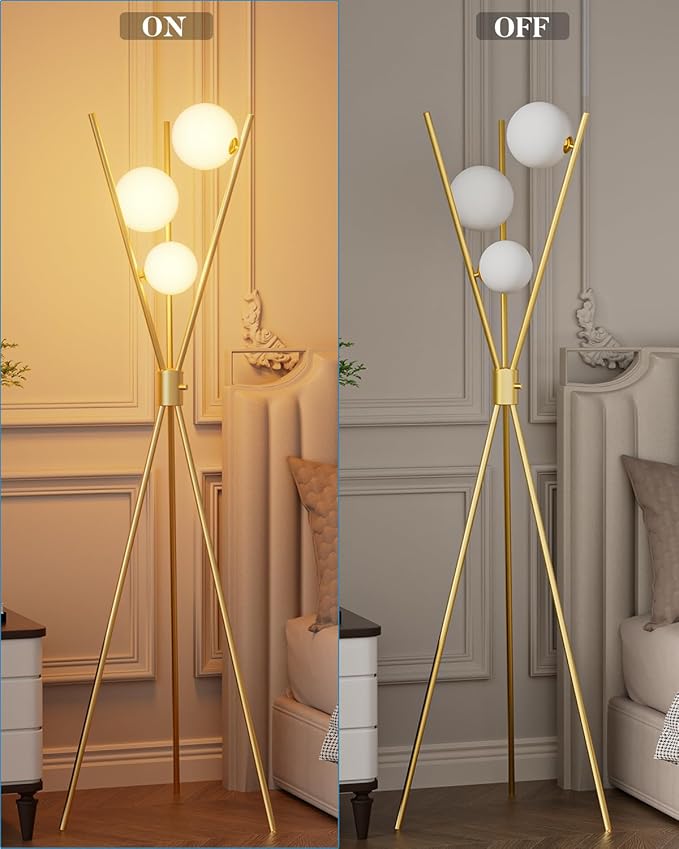 3 Globe Dimmable Tripod Floor Lamp, Mid Century Standing Lamps with 3Pcs 3000K Bulbs Included, Modern Tall Lamp for Living Room Bedroom Office-Gold