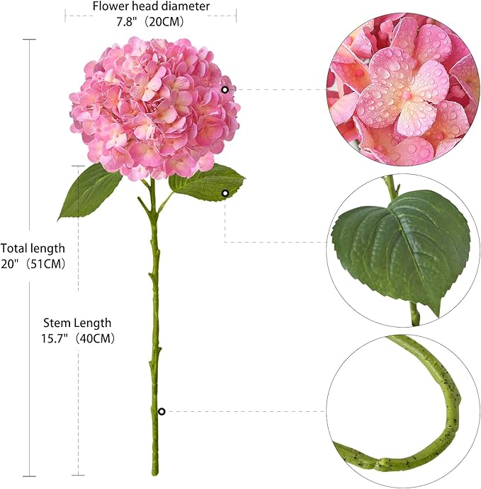 4PCS 20'' Bright Pink Real Touch Hydrangeas Latex Artificial Flowers for Baby Shower Birtiyday Wedding Pink Partry Flower Arrangeament Home Living Room Table Centerpiece