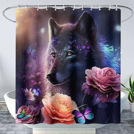 AILONEN Wolf Shower Curtain,Butterfly Flower Wolf Bath Curtain for Kids Boys Girls,Polyester Waterproof for Bathroom with 12 Plastic Hooks 48" W*72" H