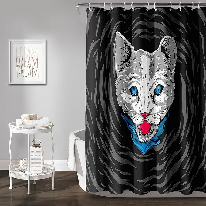AILONEN Cat Shower Curtain,Cartoon Scream Cat Printed Bath Curtain for Teens,Polyester Waterproof for Bathroom,72" W*96" H with 12 Plastic Hooks