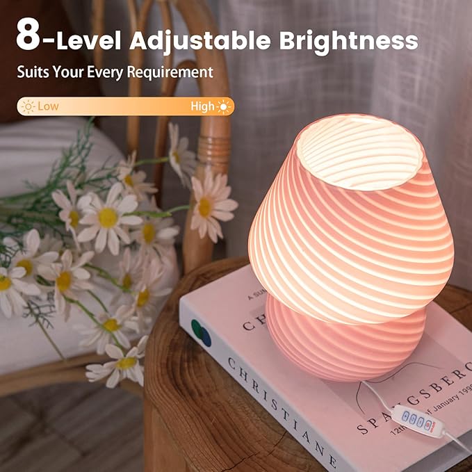 Dorm USB Plug-in Mushroom Lamp Small Bedside Table Lamp with 3 Temperature LED Bulb, Free Dimming Nights Light for Bedroom/Living Room/Entryway/Corner/Table Decor (Stripe Pink)