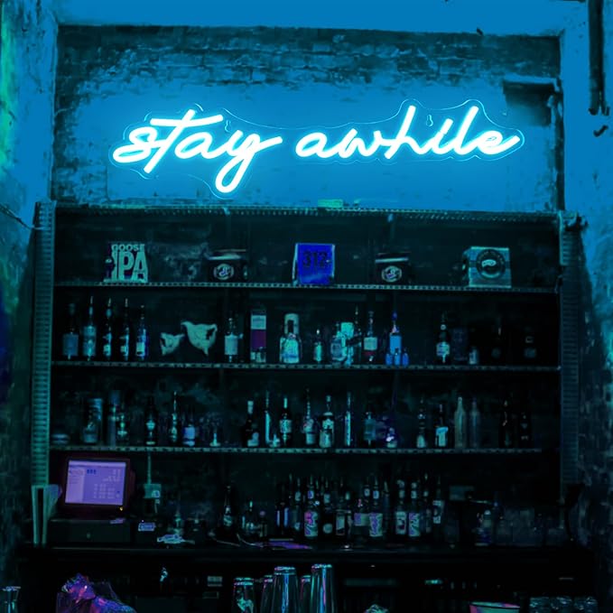 Stay Awhile Neon Signs - IMEGINA Dimmable LED Bar Neon Sign for Wall Decor 19.7x5 Inch, USB Powered Cool Neon Light for Bedroom Home Room Pub Party, Birthday Christmas Gift (Ice Blue)