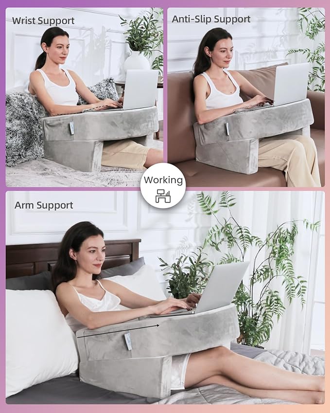 Weighted Idea Reading Pillow for Gaming, Meduim Gaming Pillow for Adult，Table Pillow with 2 Side Pockets for Gaming, Reading, Working Sitting in Bed Floor Sofa (Grey)