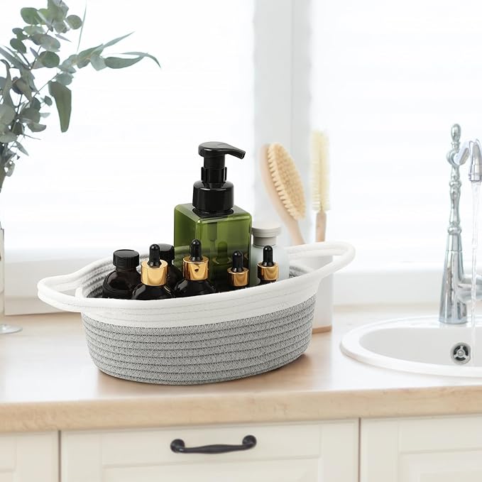 Small Woven Basket with Handles, 5 Pack Cotton Rope Room Shelf Storage Basket for Organizing Small Round Basket Baby Nursery Bins, White (Off White & Gray)