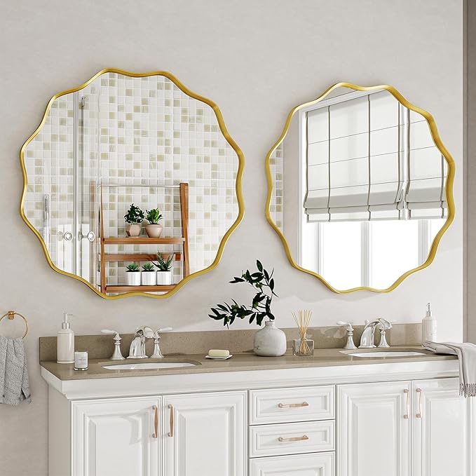 Round Wavy Mirror, 24 Inch Metal Frame Circle Mirror, Round Wall Mounted for Entryway, Bathroom, Vanity, Living Room, Gold