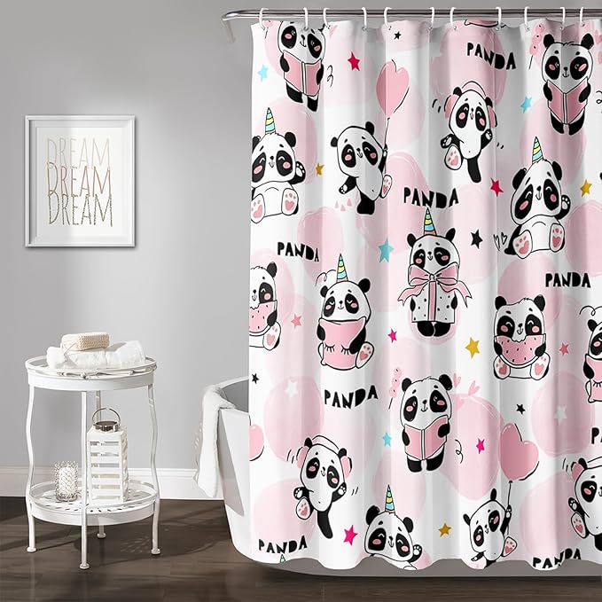 AILONEN Panda Shower Curtain for Bathroom, Cute Kawaii Panda Kids Bathroom Curtain,Pink Cartoon Bath Curtain 72" W*96" H Polyester Waterproof Bathroom Curtain with 12 Hooks