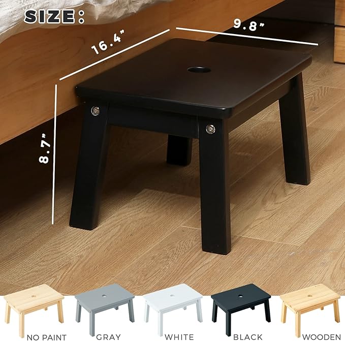 HOUCHICS Black Wooden Step Stool for Kids,Wood Stool for Kitchen Bedroom Living Room Bathroom Toilet Nursery Toddlers Potty Training Stool with Non-Slip Pads and 220lb Load Capacity (White