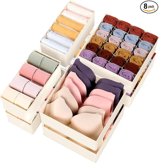 Criusia Underwear Sock Drawer Organizer Dividers 8 Set, Foldable Dresser Closet Organizers and Storage Bins for Baby Clothing, Sock, Underwear, Bra, Ties, Scarf (Beige)