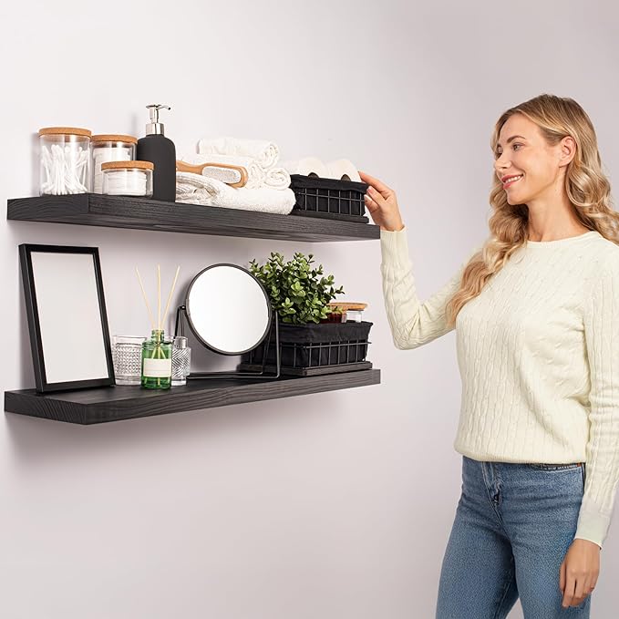 BAOBAB WORKSHOP Wood Floating Shelves for Bathroom Wall - Solid Wood Shelf 36 inch - Long Floating Shelves for Wall for Bedroom Kitchen Living Room - Black Shelves - 36 x 6.7 Inch, Set of 2