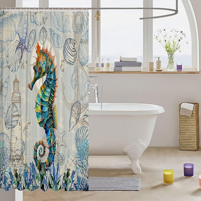 Feelyou Seahorse Fabric Shower Curtain Under Sea Animals Shower Curtain for Kids Shells and Corals Bathroom Waterproof Accessories with 12 Hooks Watercolor Green and Brown Curtains,72X72 Inches