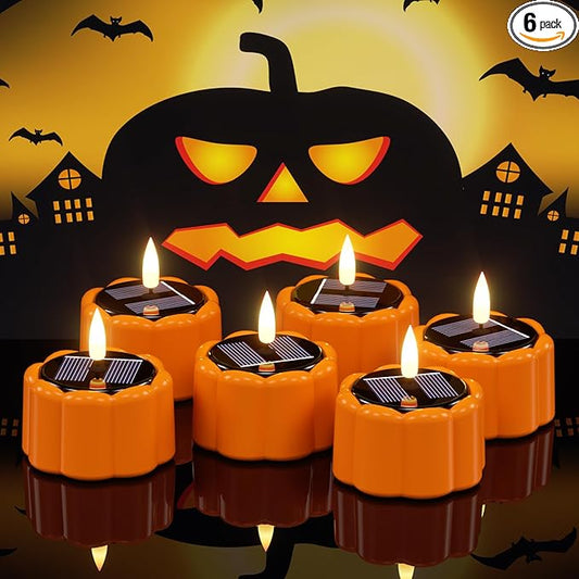 DRomance Flameless Votive Candles Solar Battery Operated Dusk to Dawn 3D Wick Flickering Outdoor Waterproof Spooky Pumpkin LED Tea Lights Candles Set of 6 Halloween Decor(2.5" D x 2.64" H)
