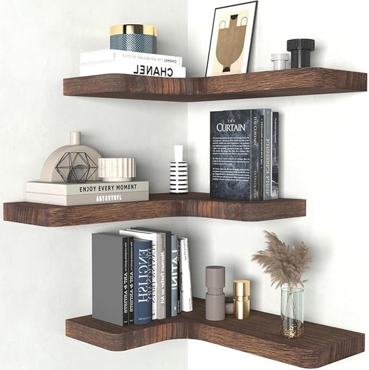 SAUMONIERES Corner Floating Shelves Wall Mount Shelf Solid Wood for Bedroom Bathroom Room Kitchen Storage Set of 3, Rustic Brown, Invisible Brackets