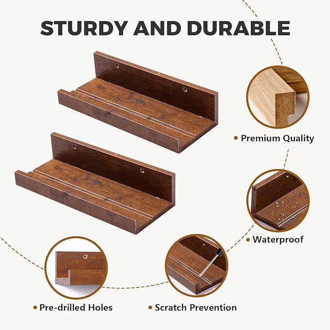Muzilife 12" Small Floating Wall Ledge Shelves with Lip - Set of 2 Wood Floating Shelves - Honey Brown Wall Mounted Picture Ledge for Office, Bathroom, Bedroom, Living Room, Kitchen