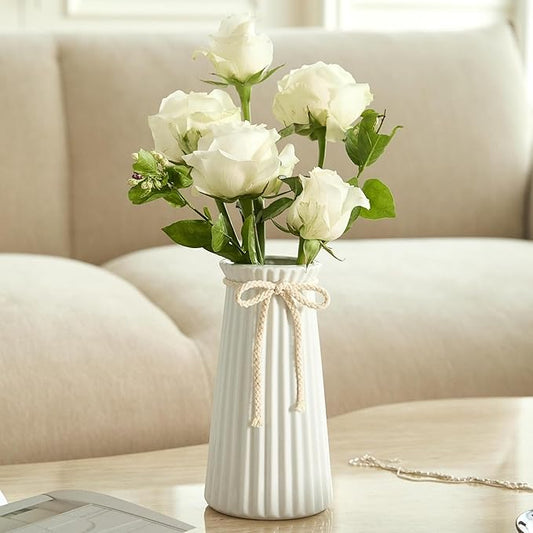 White Ceramic Flower Vase, 8'' Modern Minimalist Decorative Vases for Bouquet, Boho Vases for Pampas Grass Home Office Farmhouse Decor Bedroom Living Room Wedding Table Decorations