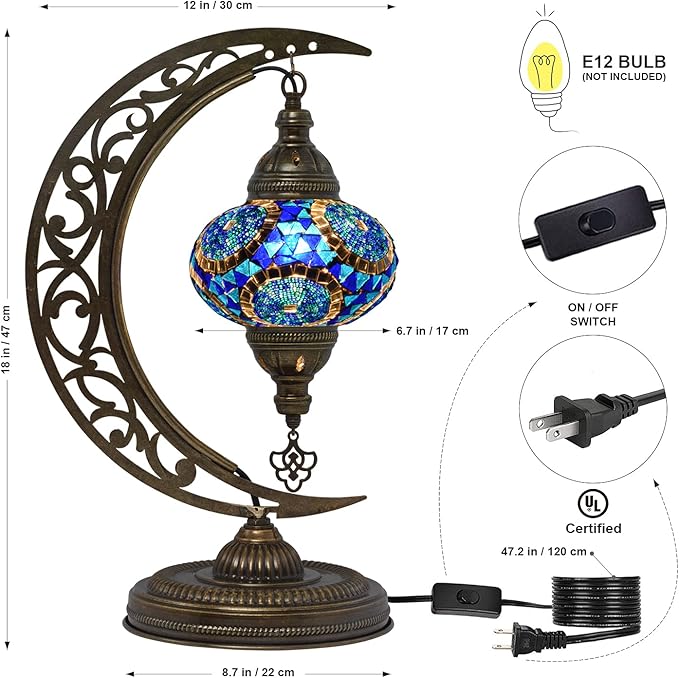 mozaist Turkish Lamp, Moon Shaped Mosaic Table Lamp, Tiffany Desk Bedside Stained Glass Lamp with US Plug and E12 Socket