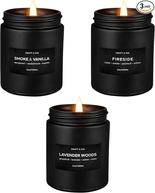 Craft & Kin Scented Candle Set for Men | Wood & Vanilla, Smokey Fireside, Lavender & Wood Candles
