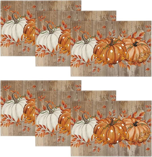 Artoid Mode White Pumpkin Wood Grain Fall Placemats Set of 6, 12x18 Inch Seasonal Thanksgiving Holiday Table Mats for Party Kitchen Dining Decoration