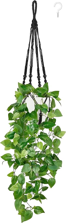 Mkono Fake Hanging Plant with Pot, Artificial Plants for Home Decor Indoor Macrame Plant Hanger with Fake Vines Faux Hanging Planter Greenery for Bedroom Bathroom Kitchen Office Decor (1, Black)