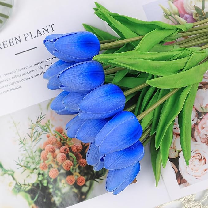 Beferr 18pcs Tulips Artificial Flowers Faux Tulip Real Touch Fake Flowers Bouquets Arrangements for Mothers Day Easter Spring Flowers Gifts Home Table Decor Blue