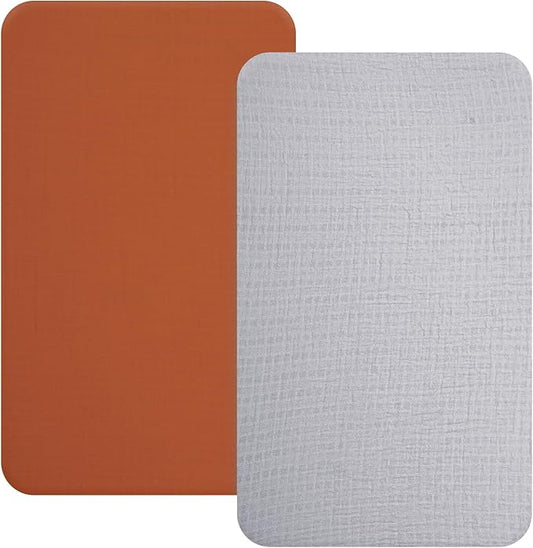 Muslin Mini Crib Sheets, 2 Pack Cotton Pack N Play Sheets for Boys Girls Neutral, Soft Breathable Baby Sheets Fit Pack N Play, Playard and Mini Crib Mattresses, Brown & Grey