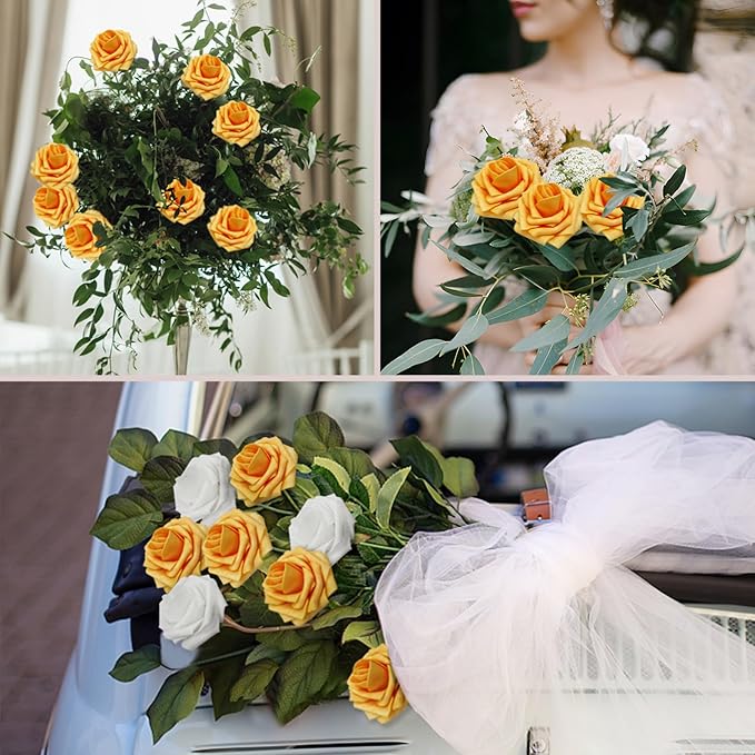 100Pcs Artificial Flowers Creamy Yellow Roses Real Looking Foam Fake Roses with Leaves and for DIY Wedding Bouquets Bridal Shower Centerpieces Party Decorations (Creamy Yellow, 100)