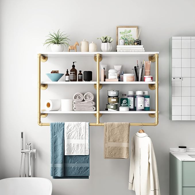 HOMEKAYT 48'' Industrial Pipe Shelving Floating Wall Shelves 3 Tier Gold Shelves Multiple Use for Kitchen, Bedroom,Living Room,Bathroom