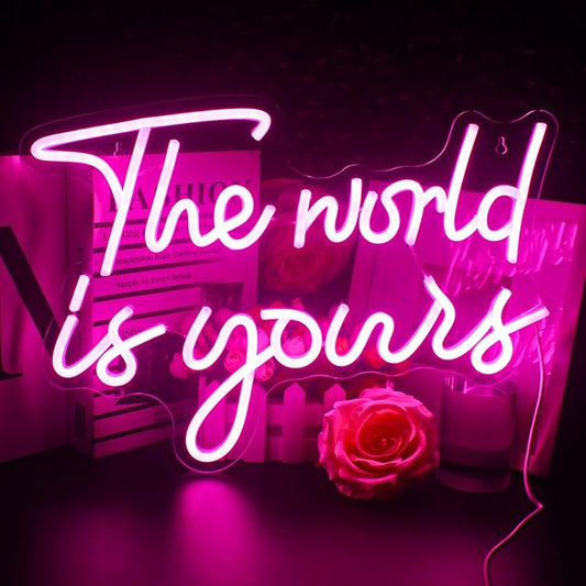 Lucunstar The World Is Yours Neon Sign - Pink Led Neon Light for Wall Decor, USB Powered Sign for Wedding, Engagement, Bedroom