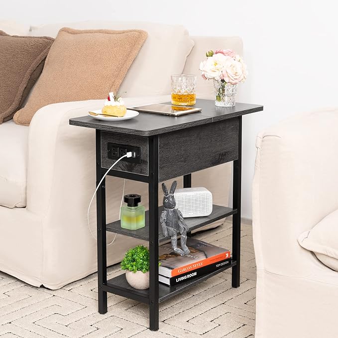 Yoobure End Table with Charging Station, Flip Top Side Table with USB Ports and Outlets, Sofa Couch Table Bedside Table for Living Room Bedroom, Narrow Nightstand with Storage Shelves for Small Space