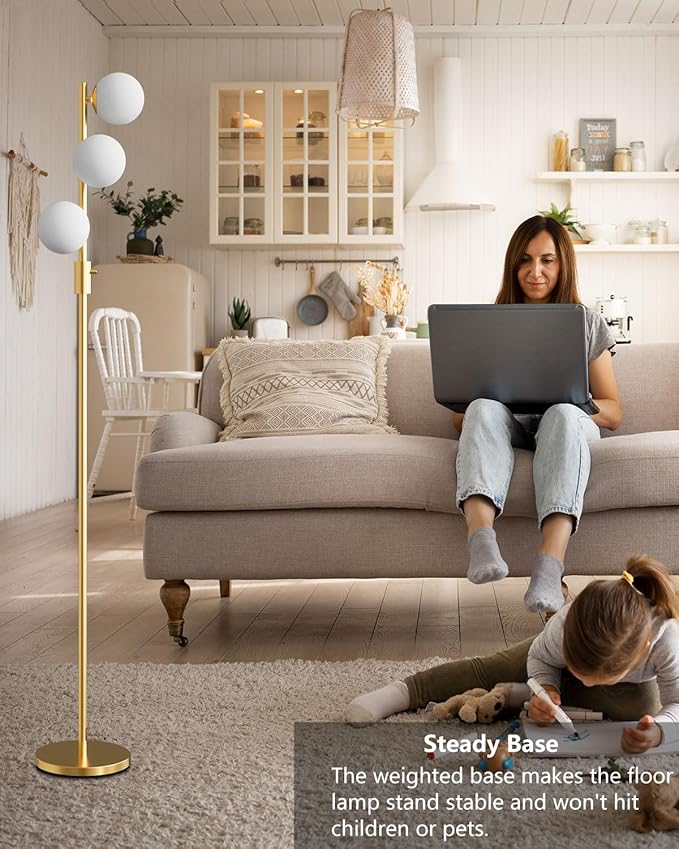 64IN Dimmable Gold Floor Lamp, Tall Standing Lamps with 3 Globe Soft Warm White Eye Care 3000K G9 Bulbs, Mid Century Modern Floor Lamp for Bedroom Office