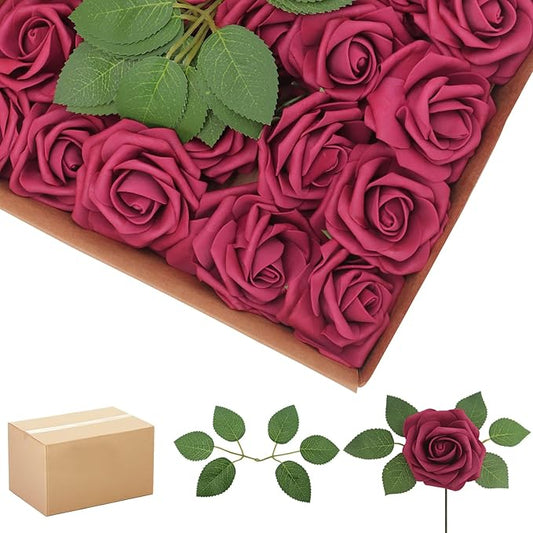 200PCS Artificial Flowers Burgundy Roses Real Looking Foam Fake Roses with Leaves and for DIY Wedding Bouquets Bridal Shower Centerpieces Party Decorations (Burgundy, 200)