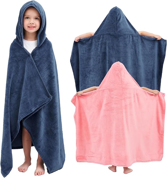 Hiturbo 2Pcs Kids Fleece Hooded Towel: Soft Plush Warm Blanket - 50"x30" Pool Beach Bath Swim Towel Wrap for 3-12 Yrs (Navy+Pink)