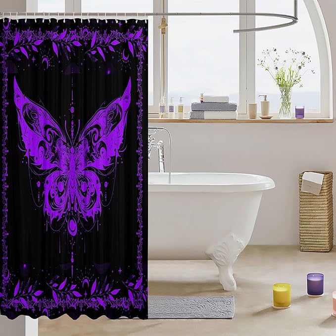 Feelyou Boho Purple Butterfly Fabric Shower Curtain Bohemian Moth Shower Curtain for Kids Boys Girls Moon Galaxy Bathroom Waterproof Accessories with 12 Hooks Black and Purple Curtains,72X78 Inches