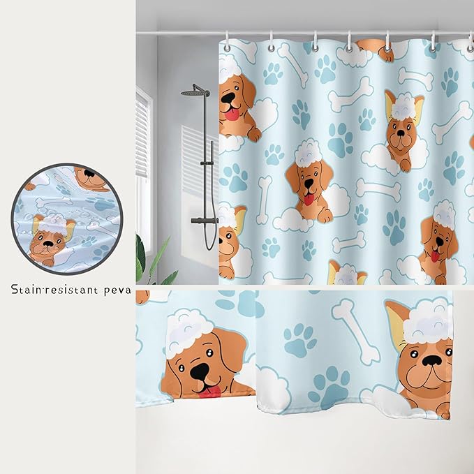 AILONEN Cute Dog Shower Curtain,Cute Bulldog Labrador Dog Print Shower Curtain, 72" W*72" H Waterproof Happy Shower Puppy Dog Lover Curtain with Grommets and 12 Hooks