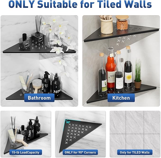 Shower Corner Shelf 10" Slot Design Shower Shelves for Tiled Wall, 304 Stainless Steel Recessed Organizer Corner Shelves for Bathroom Decor, Matte Black, 2 Pack (Cross)