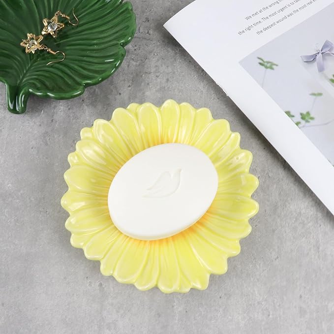 Self Draining Soap Dish Inspired by Daisy Flower Ceramic Waterfall Soap Dish Soap Savers for Bathroom,Shower,Bar Counter