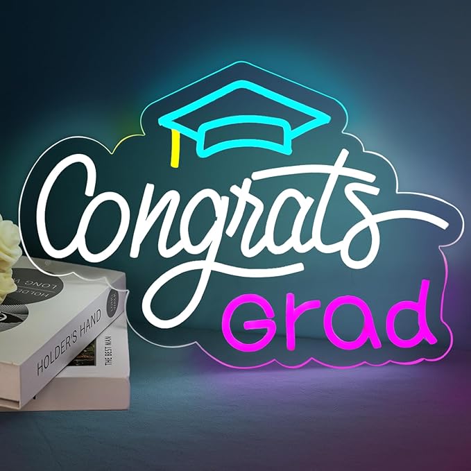 Congrats Grad Neon Sign, Graduation Light up Sign with Cap, LED Adjustable USB Powered Neon Light for Prom Party Class Room Dorm Photos Background Wall Art Decoration Celebration Gifts (16" x 12.5")