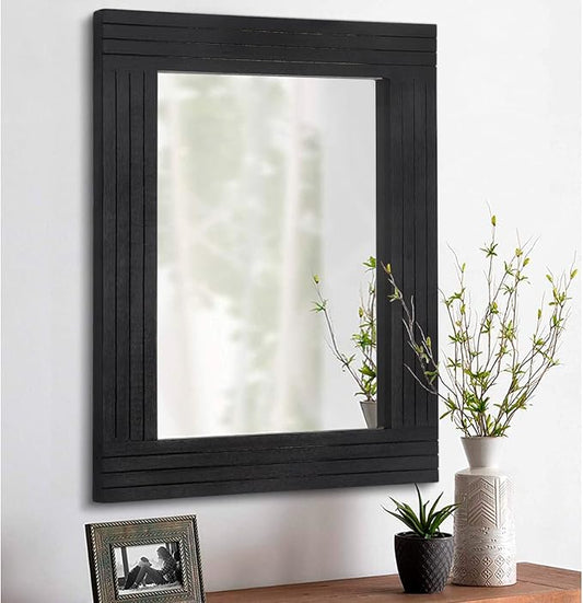 Black Wall Mirror Rectangular Vintage Rustic Wood Framed Large Mirror Deco Farmhouse Living Room Bathroom Bedroom Entrance Mirror 26" x 18"