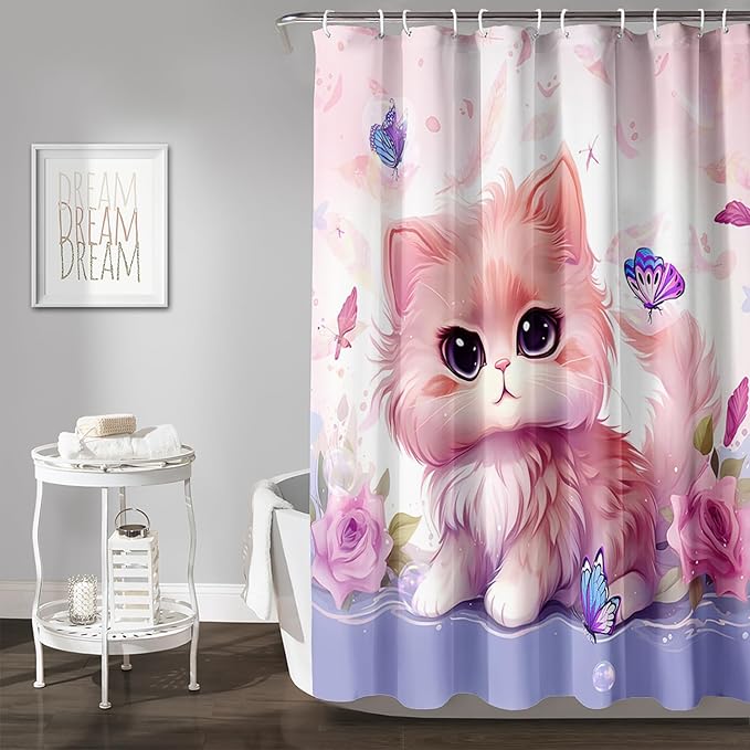 AILONEN Cute Cat Shower Curtain for Kids Boys,Kawaii Kitten and Butterfly Fabric Shower Curtains for Bathroom,Big Eye Pink Cat Polyester Cloth Bath Curtain Set, 36" W*72" H Pink