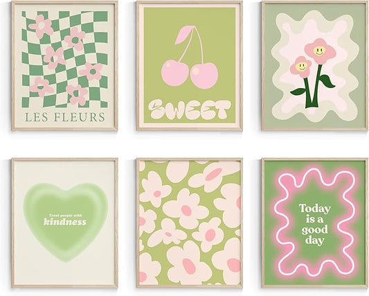 Habseligkeit Green Danish Pastel Wall Decor for Girls Dorm, Aesthetic Cute Room Decor, Preppy Wall Art Prints for Room Decor Aesthetic Unframed, 8x10in, Set of 6