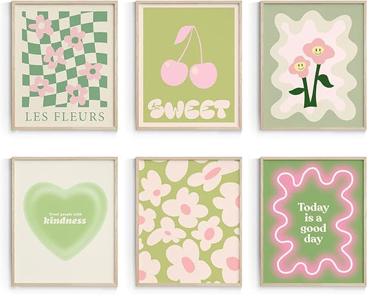 Habseligkeit Green Danish Pastel Wall Decor for Girls Dorm, Aesthetic Cute Room Decor, Preppy Wall Art Prints for Room Decor Aesthetic Unframed, 11x14in, Set of 6