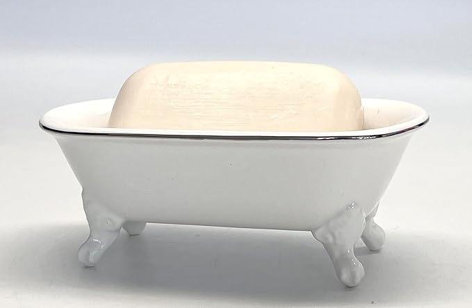 6.5" Ceramic Mini Decorative Clawfoot Bathtub Bar Soap Dish, Kitchen Sponge Holder and Shower Tray for Bathroom, 1 Pack (White Silver Rim)