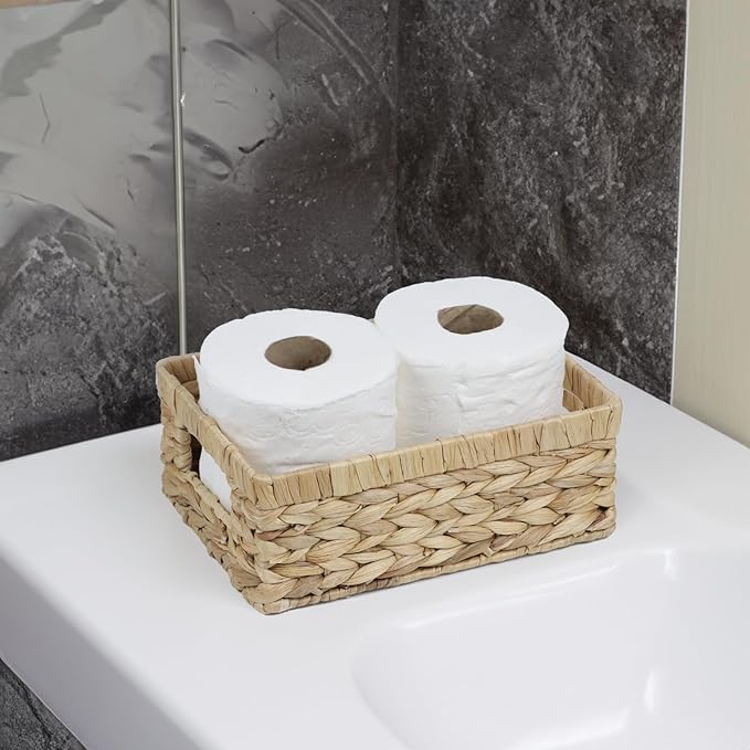 Wicker Baskets, Water Hyacinth Baskets for Organizing, Rattan Woven Basket for Storage, Organizer Bins with Built-in Handles, Storage Basket for Shelves (Small)