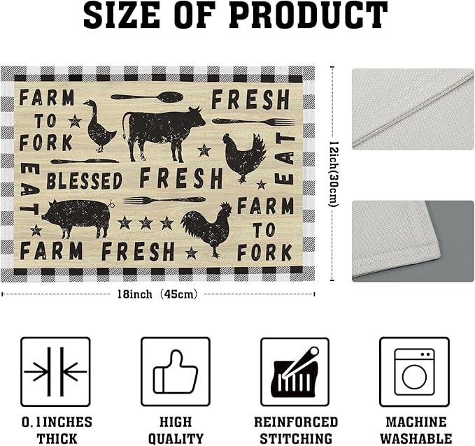 Farm Animal Cow Table Mat Set of 4，Farmhouse Chicken Decor Buffalo Plaid Rectangular Linen Placemats with Non-Slip Kitchen Table Decor 12x18 Inch for Party Kitchen Dining