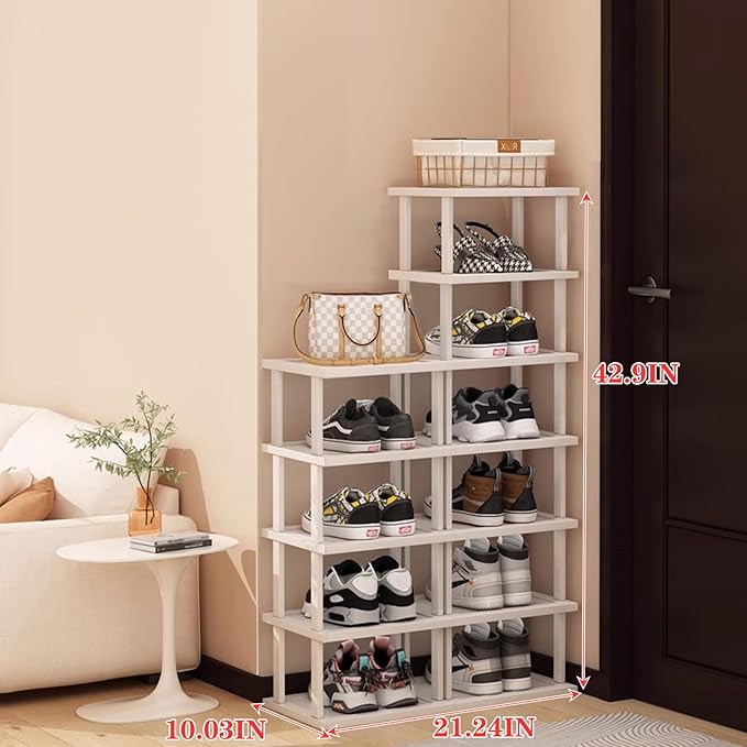 Bamboo Shoe Rack 12 Tier- Vertical Shoe Rack for Small Spaces, Tall Narrow Shoe Rack Organizer for Closet Entryway Corner Garage and Bedroom,Skinny Shoe Shelf with Free Stackable DIY White Storage