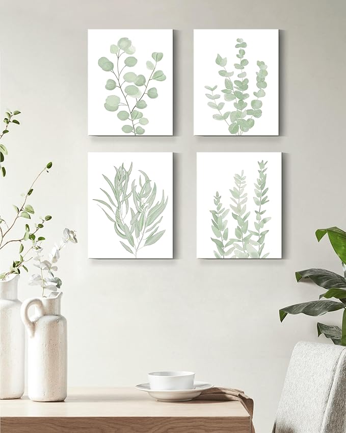 Botanical Eucalyptus Canvas FRAMED Wall Art,Boho Plant Wall Decor for Bedroom,Minimalist Prints for Living Room,Light Green Botanical Art Painting for Bathroom,Set of 6,8”x 10”