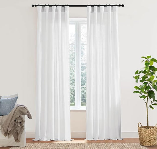 XTMYI 86 Inches Long Back Tab/Hook Belt Linen Cotton Sheer Curtains for Bedroom Living Room,2 Panels,40 Inch Wide,White