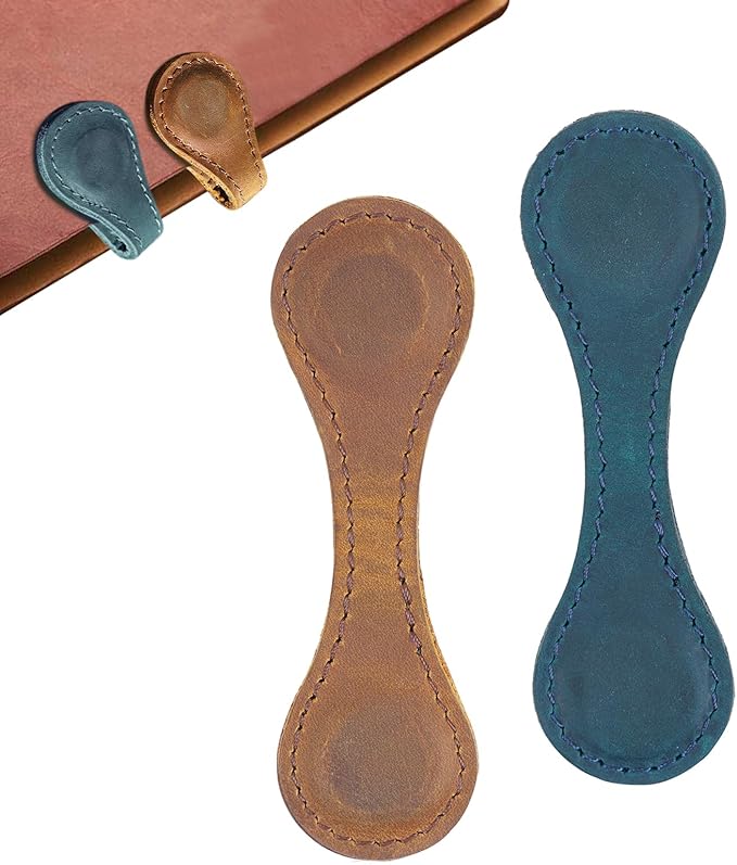 Leather Magnetic Bookmarks,2 Pcs Personalized Vintage Bookmarks Page Markers Convenient Book Marker Clip Gift for Book Lover Readers Men Women Kids Data Cable Organization (Blue+Light Brown)